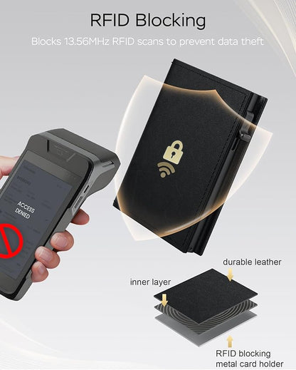 Wallet for Men - Sleek & Functional - Secure RFID Blocking Wallet with Smart Metal Pop Up Credit Card Holder, Minimalist Slim Front Pocket 11+ Cards ID Window Cash Slot, Gift for Him