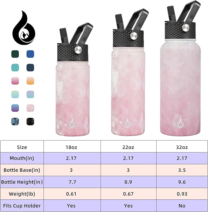 BJPKPK Insulated Water Bottles with Straw Lid, 22oz Cold & Hot Thermo, Stainless Steel Metal Water Bottle with 3 Lids, Reusable Thermo, Cups, Mugs for Daily Use-Blossom