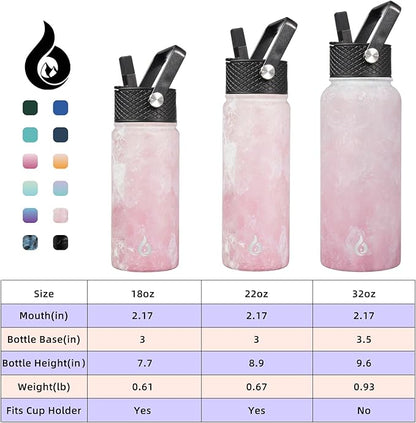 BJPKPK Insulated Water Bottles with Straw Lid, 22oz Cold & Hot Thermo, Stainless Steel Metal Water Bottle with 3 Lids, Reusable Thermo, Cups, Mugs for Daily Use-Blossom