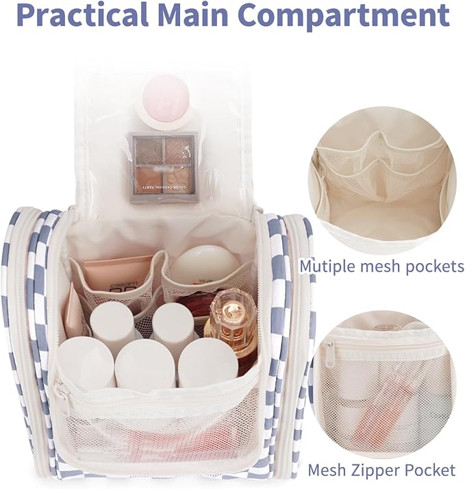 Narwey Small Checkered Hanging Travel Toiletry Bag for Women, Travel Bag for Toiletries, Makeup Bag Organizer Cosmetic Bags Make Up Bags for Women (Grayish Blue Checkerboard)