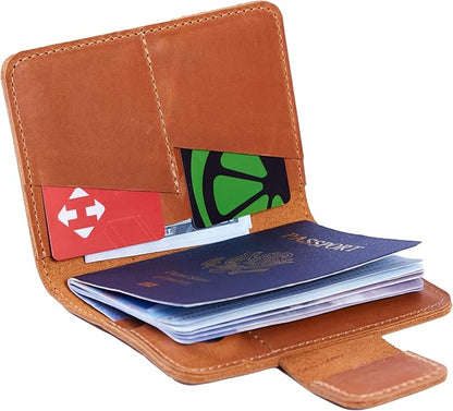 Leather Passport Holder for Travel Men - Travel Passport Wallet Compatible with Airtag Passports Cover with Card Slots & Note Compartment, Magnetic Closure, Genuine Leather, Vintage Cognac