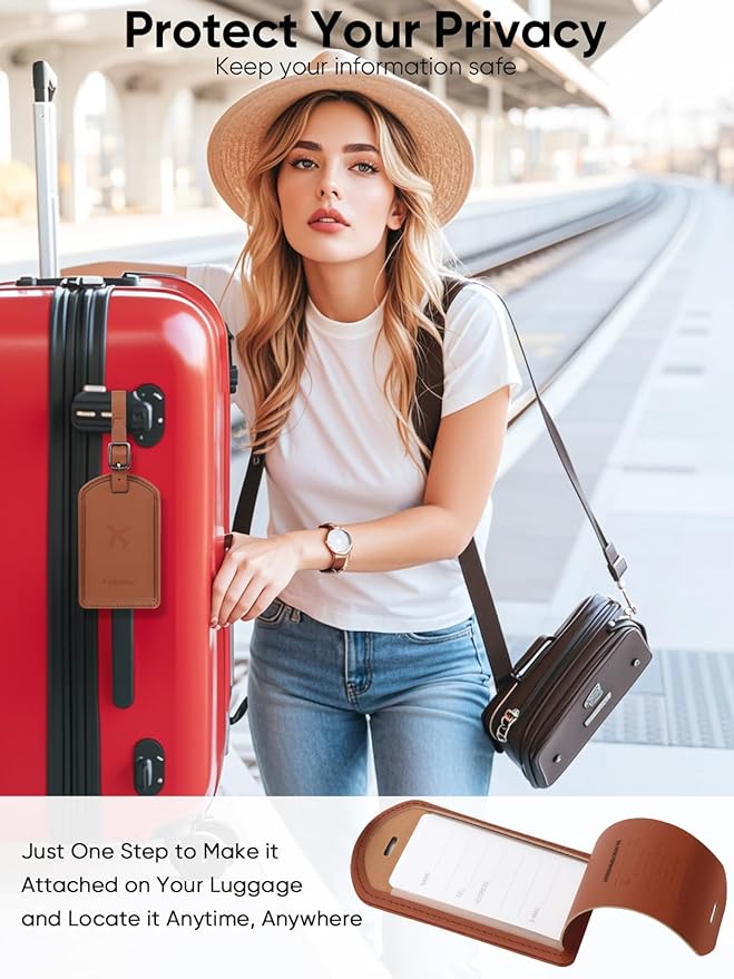 Luggage Tags Built-in Anti-Loss Tracker, Luxury Leather Luggage Tags for Suitcase, Travel Bags, Backpacks, Travel Organizer for Lost Baggage Prevention (Brown*3 Pack)