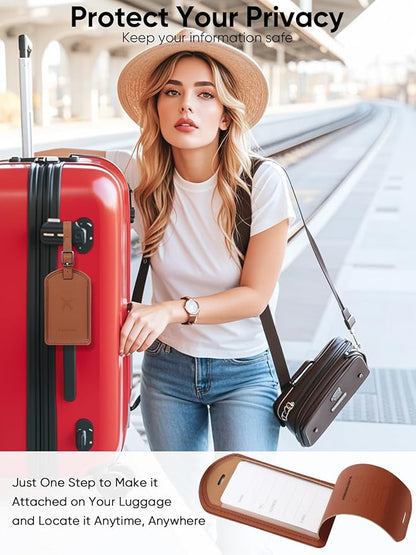 Luggage Tags Built-in Anti-Loss Tracker, Luxury Leather Luggage Tags for Suitcase, Travel Bags, Backpacks, Travel Organizer for Lost Baggage Prevention (Brown*2 Pack)