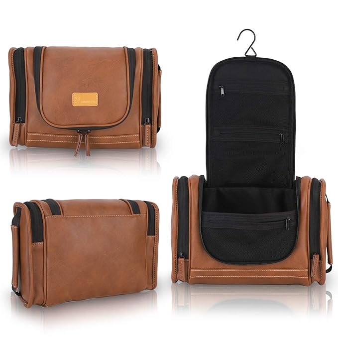 MIRASON Travel Toiletry Bag, Hanging Toiletry Bag for Men, Leather Travel Shower Bag for Toiletries Dopp Kit Bathroom Bag with Metal Hook, Gift for Men (Brown)