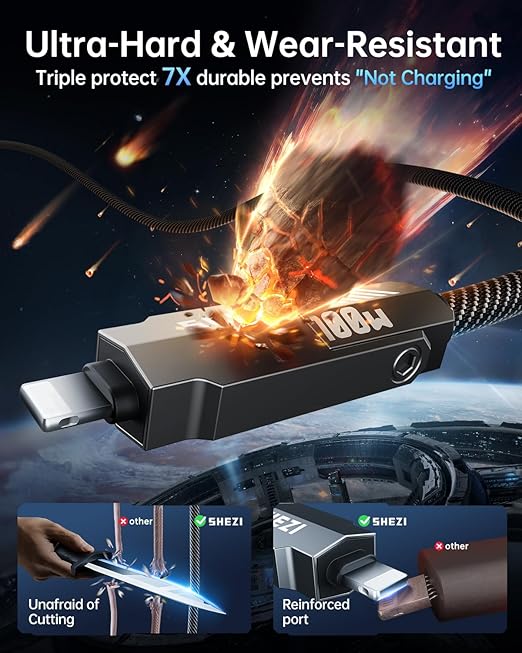 SHEZI Nylon Braided 4 in 1 USB C Cable 100W 5FT Compatible with Lightning Cable, Fast Charging for iPhone/iPad Charger Cord [480Mbps Data Sync],Multi Charging Cable with Type C/USB A, Grey