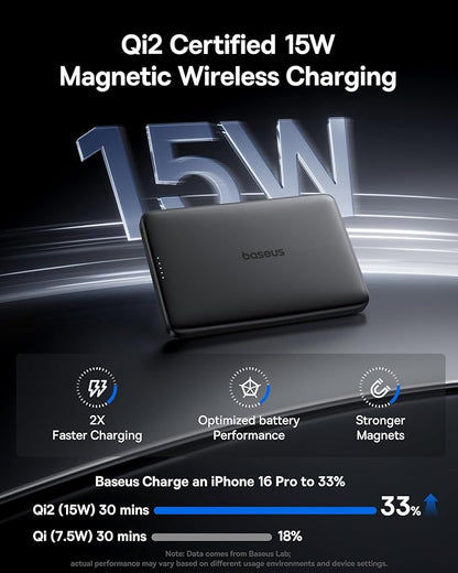 Baseus Picogo Magsafe Portable Charger, Qi2 Certified 0.5" Ultra Slim 15W Wireless Power Bank, 10000mAh 27W Fast Charging Magnetic Battery Pack with USB-C for iPhone 17/16/15/14/13/12 Series Only
