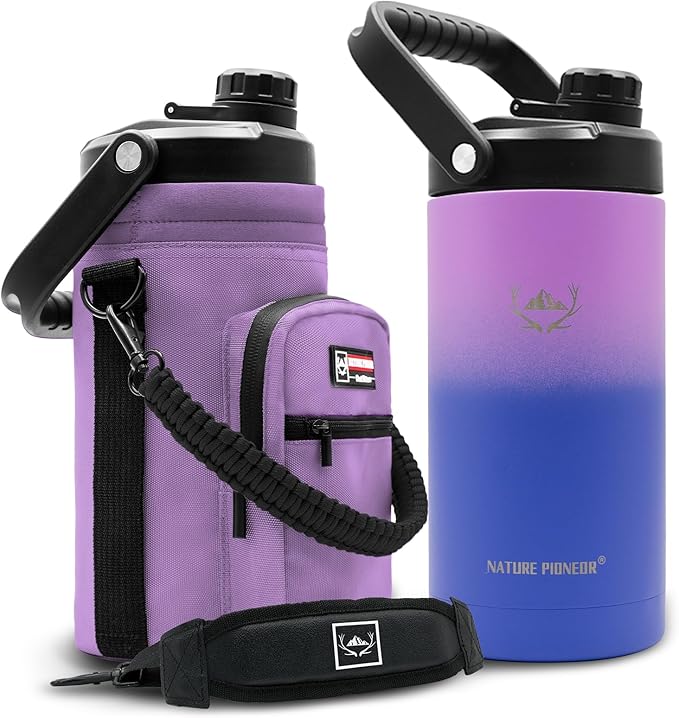NATURE PIONEOR Insulated Water Bottles with Strap - 64 oz Stainless Steel Vacuum Wide Mouth Bottle with Holder/Carrier/Sleeve - 18/8 Food Grade 64oz Half Gallon Water Jug
