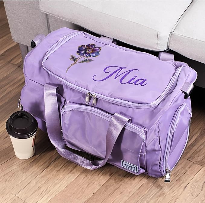 callie Personalized Waterproof Duffel Bag with Shoulder Strap, Custom Birth Flower and Name on Cute Gym Bag, Multi-Compartment Duffel Bags, Sports Bag for Women, Birthday Gift for Women