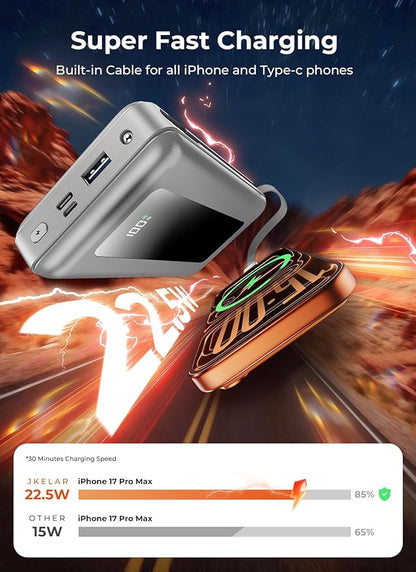 Portable Charger Power Bank, 50000mAh Travel Camping Essential Battery Pack with Built-in Cables, PD 22.5W Fast Charging, Large Capacity Portable Phone Charger for iPhone, Light Grey