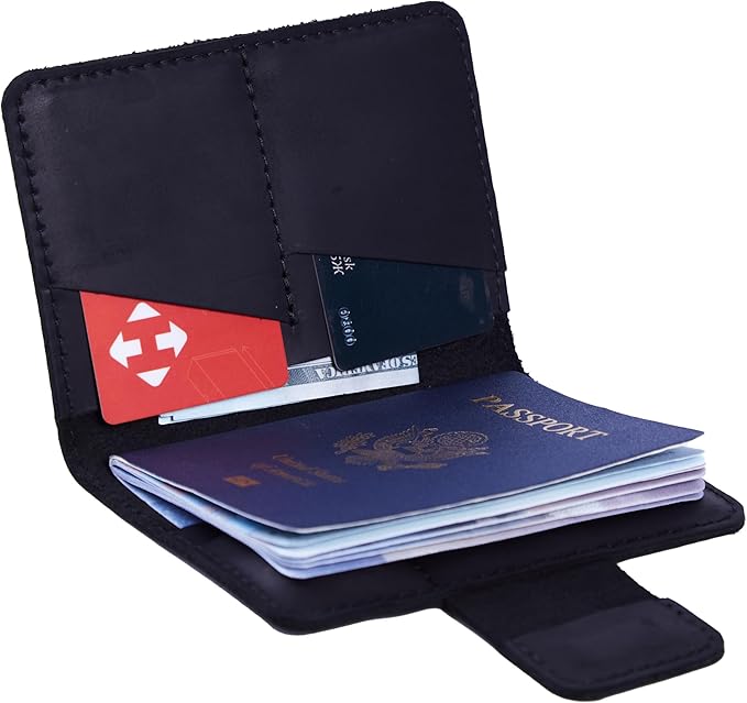 Leather Passport Holder for Travel - Black Passport Cover for Men Compatible with Airtag Passports Wallet with Card Slots & Note Compartment, Magnetic Closure, Genuine Leather, Vintage Black
