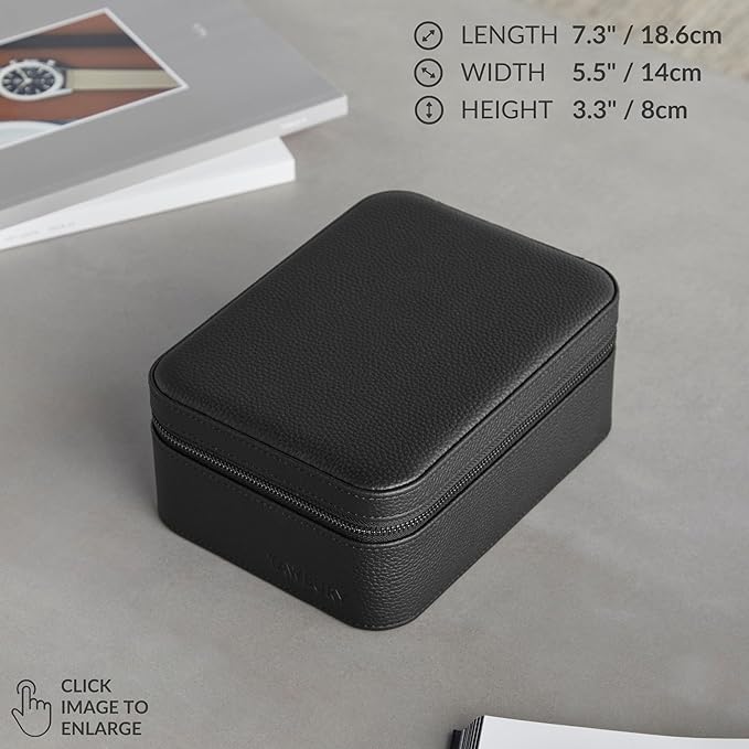 TAWBURY Watch Case - 4 Slot Genuine Top-Grain Leather Watch Box for Men & Women with Extra Wide Pillows for Large Watches - Portable Wristwatch Storage for Home & Travel (Black)