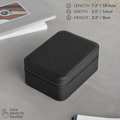 TAWBURY Watch Case - 4 Slot Genuine Top-Grain Leather Watch Box for Men & Women with Extra Wide Pillows for Large Watches - Portable Wristwatch Storage for Home & Travel (Black)