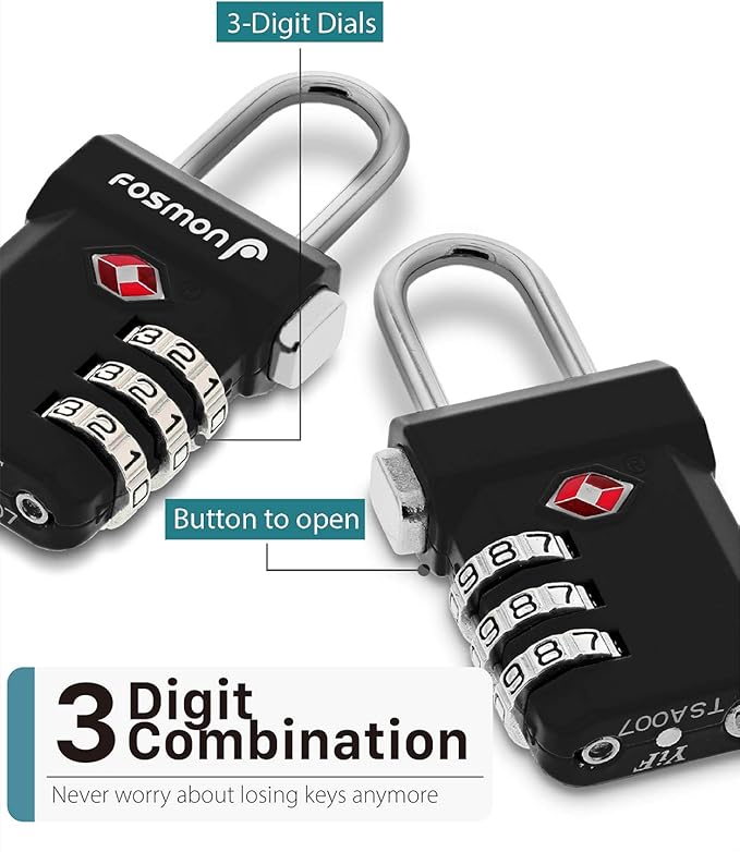 Fosmon TSA Approved Luggage Locks, Suitcase Travel Lock with Push Release Button for Extra Security, 3 Digit Combination Padlock for Gun Case Backpack Zipper Anti Theft Gym Locker - Black, 3 Pack