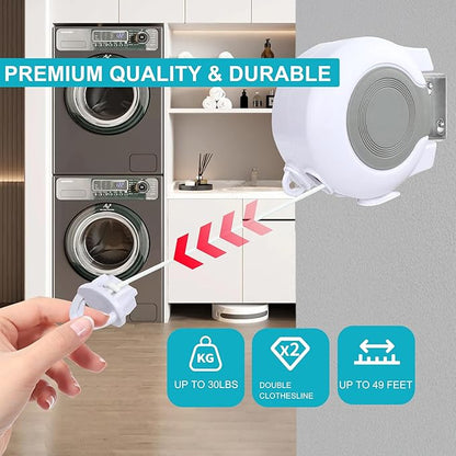 Retractable Clothesline Outdoors, 49 Feet PVC Heavy Duty Retractable Clothes Line, Compact Design Clothes Line Outdoors Space Saving, Weatherproof for Garden, Patio, Balcony