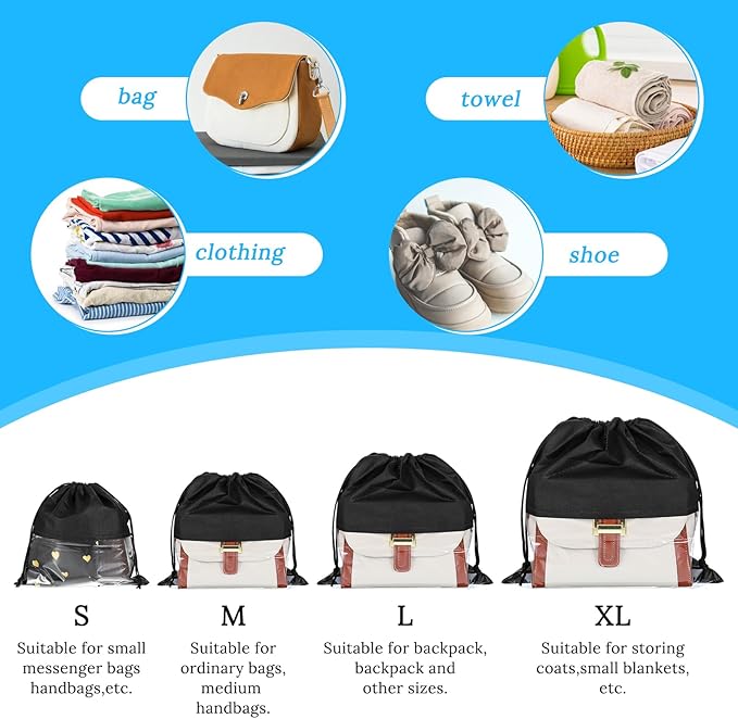 12 Pcs Dustproof Drawstring Bags for Handbags Purse Dust Bags Shoe Bags for Travel Dust Storage Bags Covers String Packing Organizer (Black, 4 Sizes)