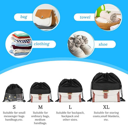 12 Pcs Dustproof Drawstring Bags for Handbags Purse Dust Bags Shoe Bags for Travel Dust Storage Bags Covers String Packing Organizer (Black, 4 Sizes)