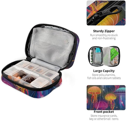 Cute Pill Organizer Weekly Travel Pill Box 7 Day Large Capacity Pill Dispenser with 8 Pill Container Daily Pill Box Organizer Vitamin Holder Pill Bottle Organizer Small Pill Case Jellyfish