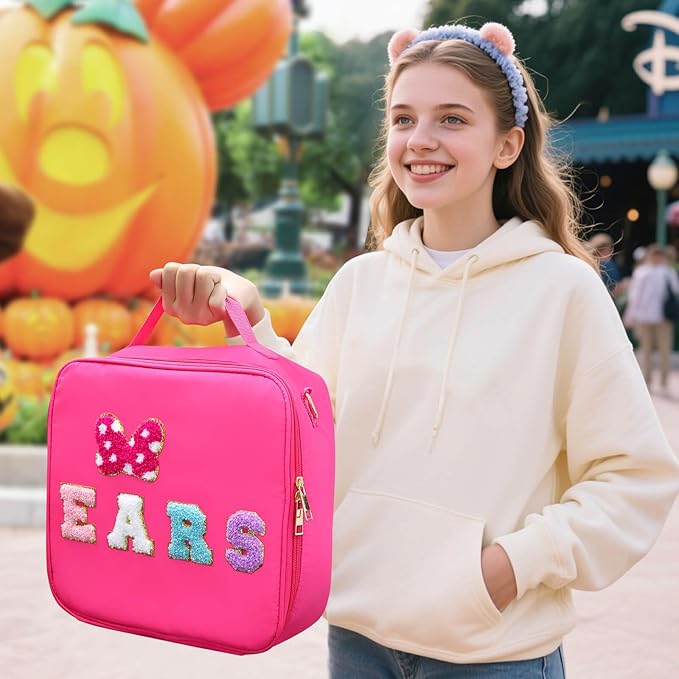 Chenille Letter Bow Mouse Ears Travel Case, Park Ears Headband Holder Hair Accessories Organizer Bag for Girls Women Kids Adults, Large Makeup Bag Snack Bags with Zipper for Travel Picnic - Rose Red