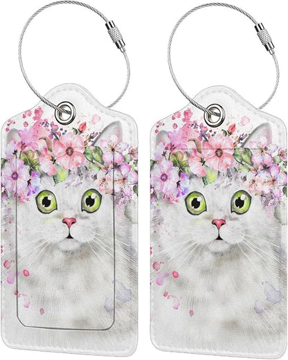 2 Pcs Cute White Cat with Pink Flowers Pattern Leather Luggage Tags, Funny Animal-Themed Suitcase Labels Bag Tag Name ID Labels with Privacy Cover for Teen Kids Adults