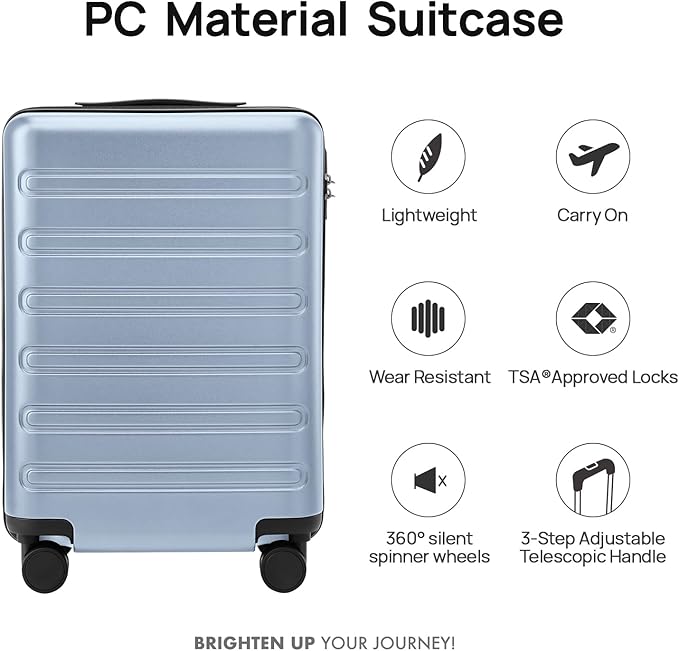 NINETYGO Carry On Luggage 22x14x9 Airline Approved, 20 Inch Luggage with Smooth Double Spinner Wheels, Hard Shell PC+ABS Suitcase Carry-On, Lightweight Travel Luggage, TSA Approved (Blue, Andes)