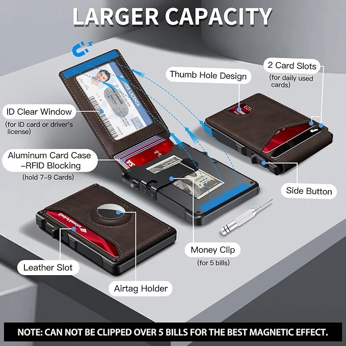 Airtag Wallet for Men, Mens Smart Wallet for Air Tag RFID Blocking, Minimalist Bifold Pop Up Aluminum Credit Card Case Holder 12+ Cards with ID Window, Gift for Men, No Airtag Included, Coffee Brown