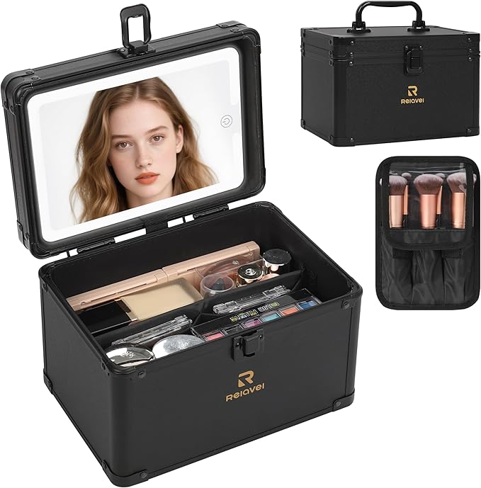 Relavel Makeup Bag with LED Mirror, Travel Cosmetic Train Case with 3 Colors Light up Mirror, Portable Makeup Aritst Storage Organizer Box with Brush Holder, Birthday Gifts for Women and Girls, Black