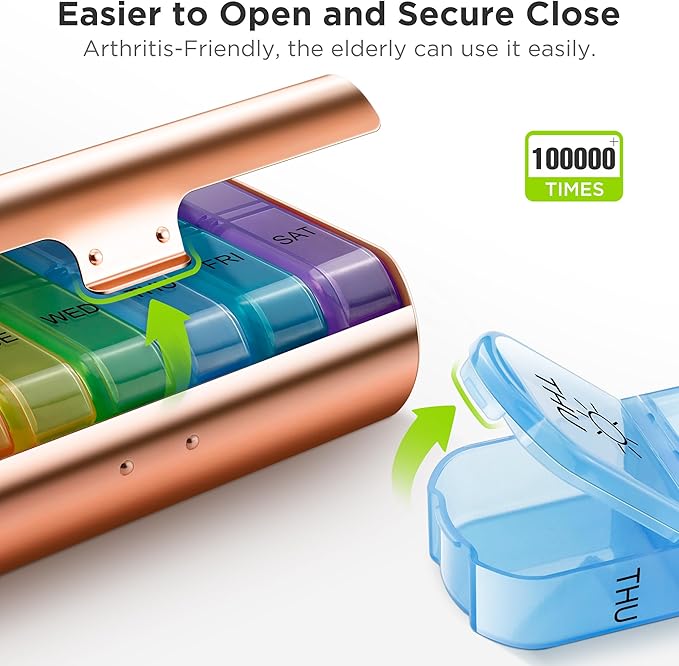 Zannaki Metal XL Weekly Pill Organizer 2 Times a Day, Large Travel Daily Pill Box 7 Day, Portable Week Twice Pill Holder Container, AM PM Pill Case for Medicine Vitamin Medication Supplement, Gold