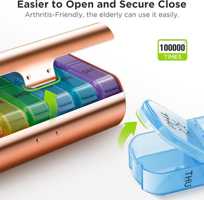 Zannaki Metal XL Weekly Pill Organizer 2 Times a Day, Large Travel Daily Pill Box 7 Day, Portable Week Twice Pill Holder Container, AM PM Pill Case for Medicine Vitamin Medication Supplement, Gold