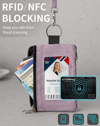 Minimalist Wallet For Mens Womens, Keychain RFID Blocking Zipper Small Wallet with ID Window 2 Lanyards,Water Resistant Travel Cash Card Coin Case Boys Girls