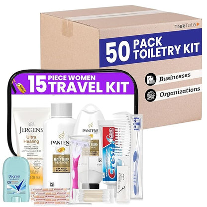 Trektote Bulk Hygiene Kit For Women – (50 Pack) 15 Piece Set – Featuring Top Trusted Brands, TSA Compliant, Bulk Travel Essentials, Includes Shampoo And Conditioner, Body Wash, Toiletry Bag & More