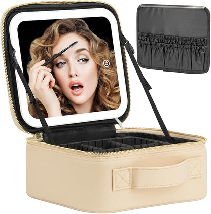 Makeup Travel Train Case with Mirror LED Light 3 Adjustable Brightness Large Cosmetic Bag Portable Storage Adjustable Partition Waterproof Makeup Brushes Make up Jewelry Gift for Women