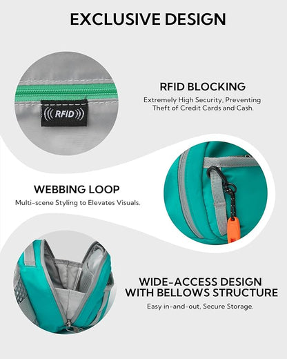 WATERFLY Fanny Pack Waist Bag: 2.3L Large RFID Blocking Crossbody Bags for Women Men, Breathable Casual Anti-Theft Hip Pouch for Traveling Walking Hiking-Cyan