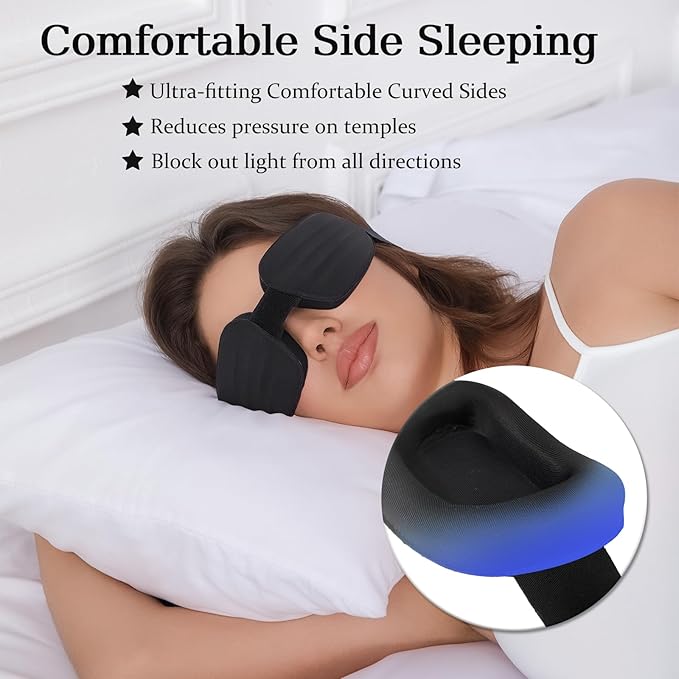 100% Blackout Sleep Eye Mask for Women Men, Zero Pressure Sleeping Mask - Sleeping Mask and Eyelash Friendly Night Blindfold, Adjustable Ultra Soft Comfortable for Dry Eye Mask (Black)