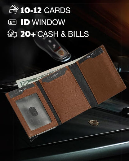 Jenoss Smart Wallet For Men: Full Grain Leather, Handcrafted, Silver Metal Pop Up Case, Slim RFID Blocking Credit Card Holder, Minimalist Compact 12 Cards Slot Organizers ID Money Clip (Black & Brown)