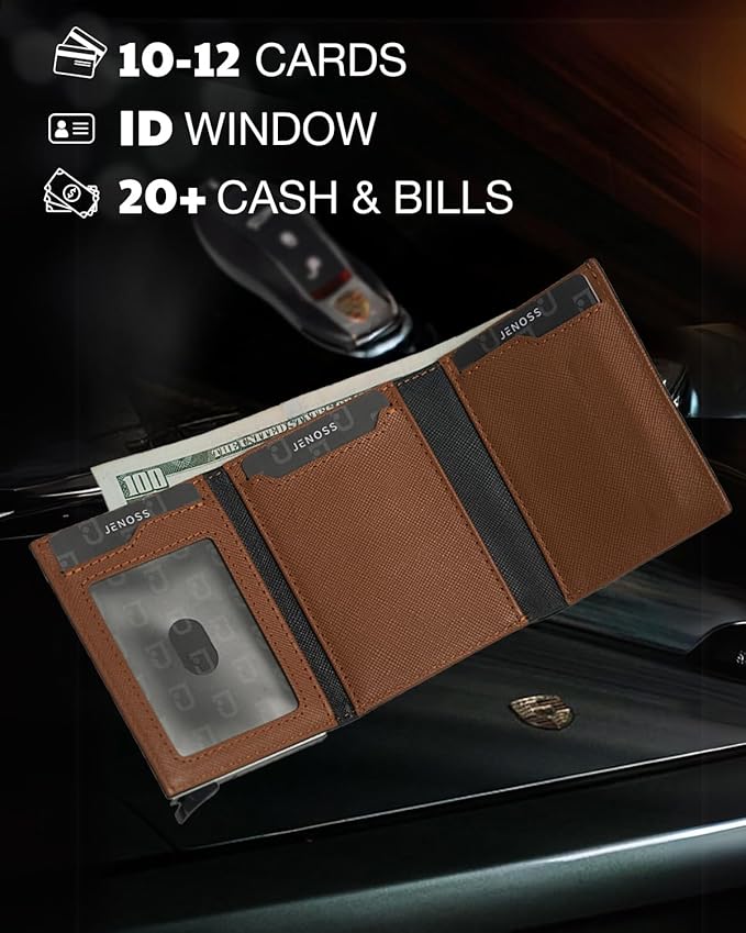 Jenoss Smart Wallet For Men: Full Grain Leather, Handcrafted, Slide Metal Pop Up Case, Slim RFID Blocking Credit Card Holder, Minimalist Compact 12 Cards Slot Organizers ID Money Clip (Black & Brown)