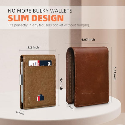 RUNBOX Slim Wallets for Men - Leather Money Clip Mens Wallet - RFID Blocking Front Pocket Bifold Wallet - Thin Credit Card Holder with Gift Box