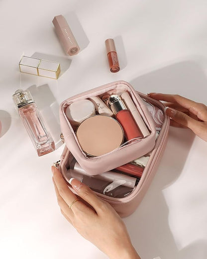 Pocmimut Mini Makeup Bag with Small Cosmetic Bag Travel Essentials Organizers,TSA Approved Toiletry Bag Makeup Pouch Clear Cosmetic Bags for Women,Pink