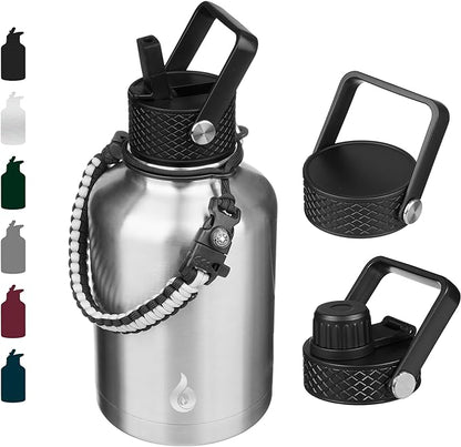 BJPKPK Insulated Water Bottles with Straw Lid, 50oz Large Water Jug, Stainless Steel Vacuum Bottles, Hot & Cold Thermo with 3 Lids and Paracord Handle,Stainless Steel