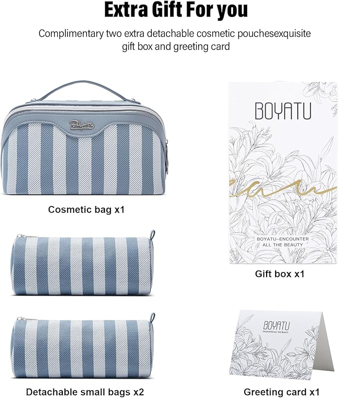 BOYATU Travel Makeup Bag for Women: Large Cosmetic Bag Set of 3 - PU Leather Make up Bag with Compartments - Compact Waterproof Toiletry Bag with Divider & Handle (B-2-Blue)