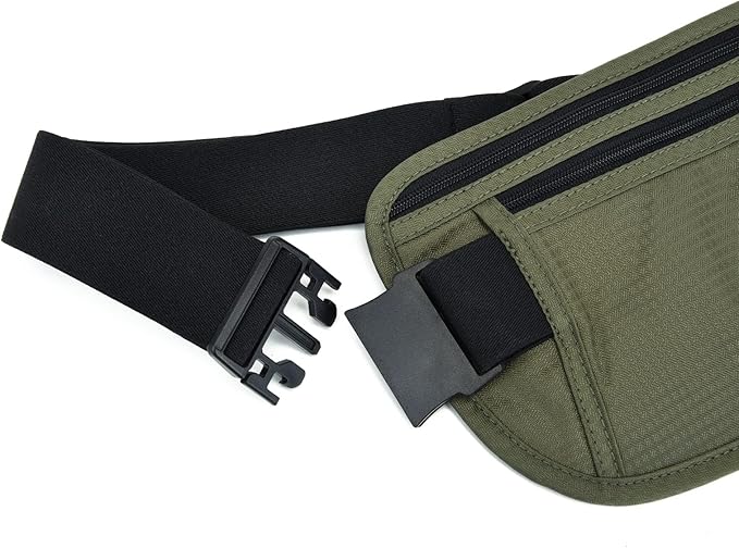 RFID Blocking Money Belt for Men Women, Slim Fanny Pack for Travel，Running,Conceal Waist Wallet for Passport Holder,Phone,Cash(Black Dark Olive Green)