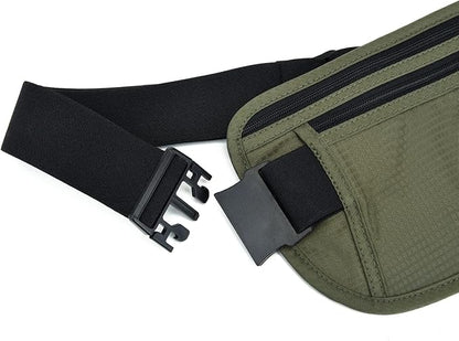 RFID Blocking Money Belt for Men Women, Slim Fanny Pack for Travel，Running,Conceal Waist Wallet for Passport Holder,Phone,Cash(Black Dark Olive Green)