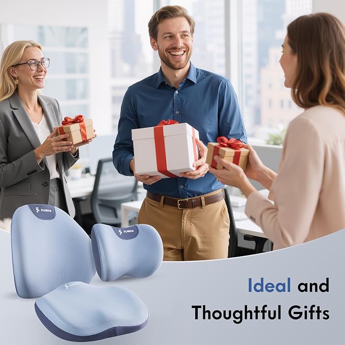 FLORICH Seat Cushion and Lumbar Support Pillow for Office Chair Car, Car Neck Pillow, Ergonomic Memory Foam Back Support for Office Gaming Chair Wheelchair, Relieves Neck, Back & Sciatica Pain – Blue