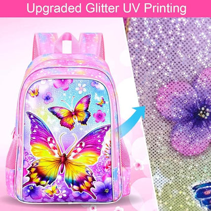 WZLVO 3PCS Butterfly Backpack for Girls, 16'' Kids Preschool Bookbag with Lunch Box, Cute Animal Water ResistantSchool Bag Set for Elementary Kindergarten Travel