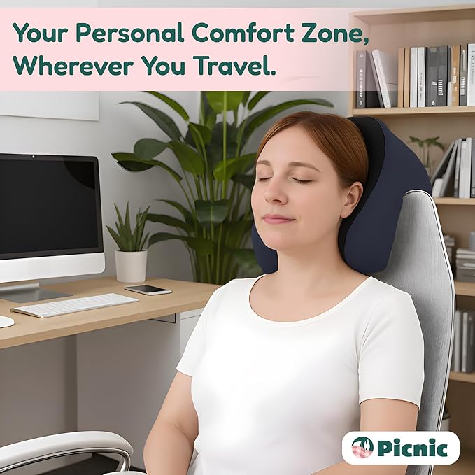 Picnic Neck Pillow for Traveling | 100% Pure Memory Foam Travel Pillow for Airplanes, Car & Office | Ergonomic Support with Adjustable Clasp, Eye Mask & Compact Travel Bag | Perfect for Relaxation