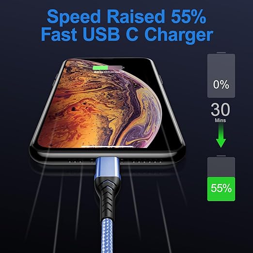Durcord USB C Charger Cable Fast Charging, 2Pack 60W 10ft USB C to USB C Cable for Android Phone Pad, Type C to Type C Charger Braided USB Cable Compatible with iPhone 15 Pro/Plus/Max Blue