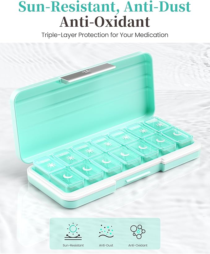 Zoksi Am Pm Pill Organizer 7 Day, Weekly Pill Box 2 Times a Day, Medicine Pill Organizer with Separate Compartment, Travel Pill Case Dispenser Portable for Vitamins, Fish Oils, Medicines(Green)