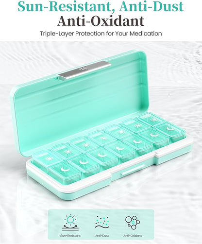 Zoksi Am Pm Pill Organizer 7 Day, Weekly Pill Box 2 Times a Day, Medicine Pill Organizer with Separate Compartment, Travel Pill Case Dispenser Portable for Vitamins, Fish Oils, Medicines(Green)