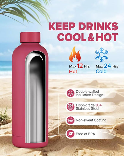 Insulated Water Bottle with Lid, 25 oz Reusable Leak-Proof Metal Stainless Steel Water Bottles for Travel, Sports, Gym, Outdoor (Brick Red)