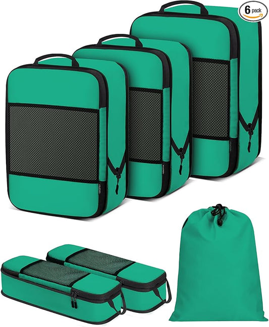 SDGFUI 6 PCS Set Compression Packing Cubes for Travel, Lightweight Packing Organizer Bags Travel Essentials for Carry On, Suitcase, Home Closet - Green
