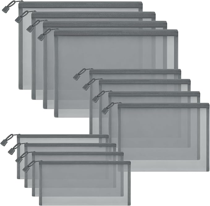 12 Pieces Zipper Nylon Mesh Pouch, Mesh Cosmetic Bags Makeup Bags Pencil Case, Multipurpose Travel Bags for Cosmetic School Office Supplies and Travel Accessories (Grey, Assorted Sizes)